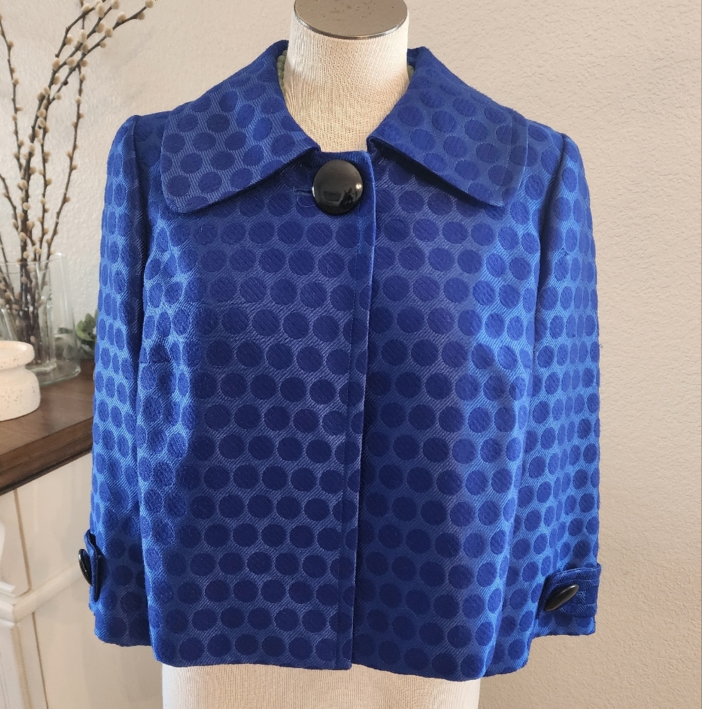 Insight Royal Blue Polka Dot Cropped Collard Single Button Women's Jacket Size 6